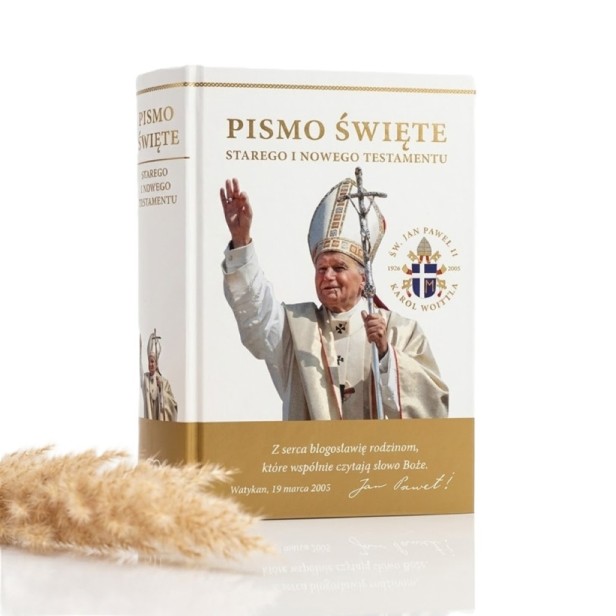 Biblia Domowa z obwolutą – Pismo Święte Starego i Nowego Testamentu z wizerunkiem Jan Paweł II, eleganckie wydanie do domu