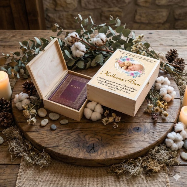 Biblia Domowa Rodzinna w drewnianym pudełku z nadrukiem – Pismo Święte jako pamiątka Chrztu Świętego