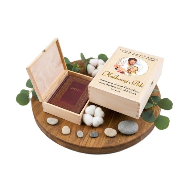 Biblia Domowa Rodzinna w drewnianym pudełku z nadrukiem – Pismo Święte jako pamiątka Chrztu Świętego