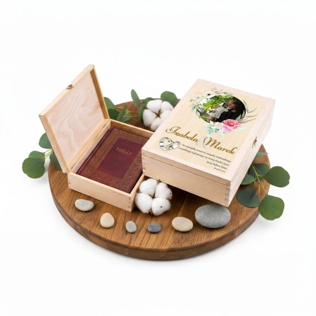 Biblia Domowa Rodzinna w drewnianym pudełku EKO – Pismo Święte jako elegancka pamiątka Sakramentu Małżeństwa