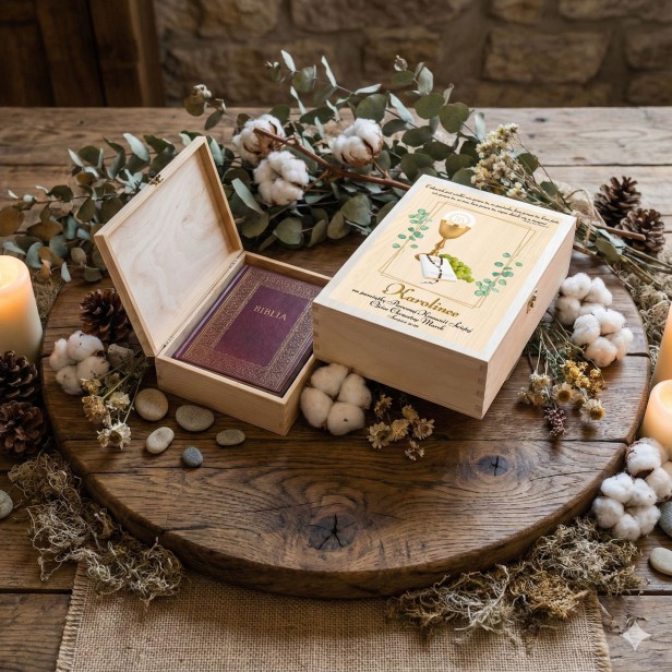Biblia domowa rodzinna w pudełku drewnianym EKO ♻ z nadrukiem UV - Pamiątka I Komunii Świętej