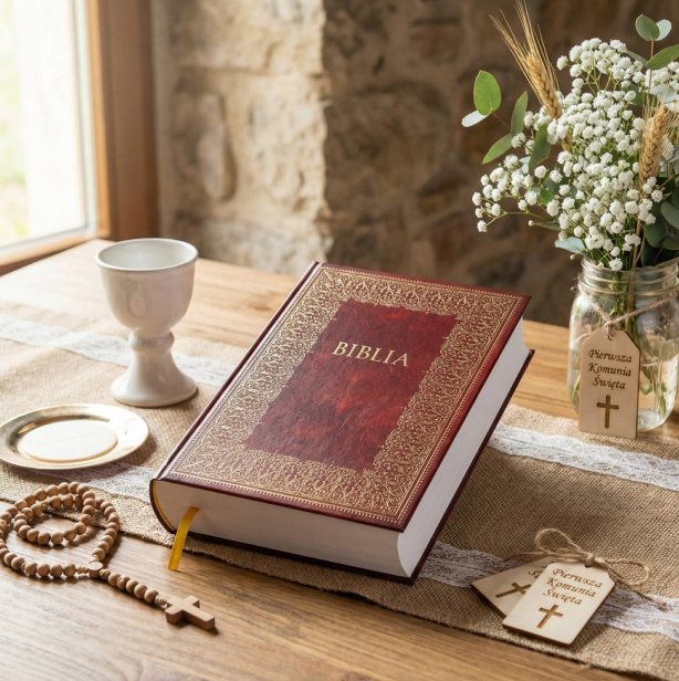 Biblia domowa rodzinna w pudełku drewnianym EKO ♻ z nadrukiem UV - Pamiątka I Komunii Świętej