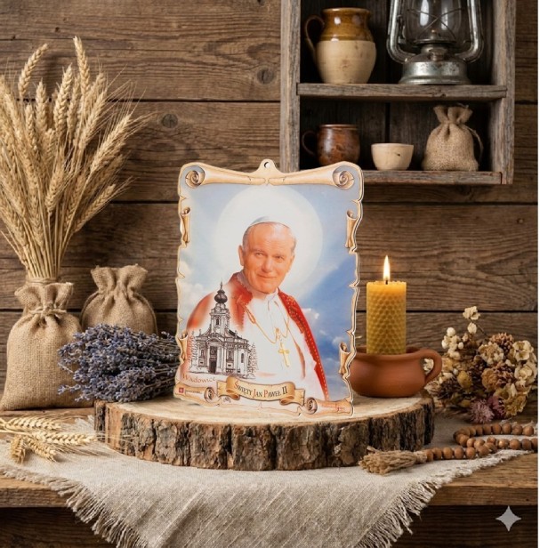 Obrazek pastelowy Święty Jan Paweł II – Drewniana Pamiątka Wiary