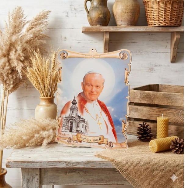 Obrazek pastelowy Święty Jan Paweł II – Drewniana Pamiątka Wiary