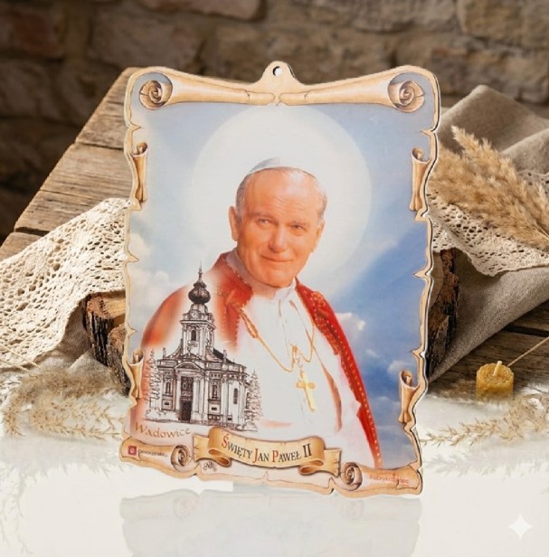 Obrazek pastelowy Święty Jan Paweł II – Drewniana Pamiątka Wiary