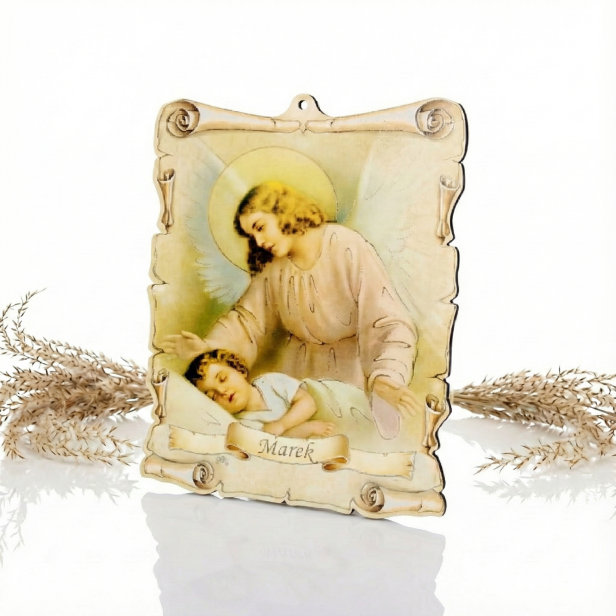 Obrazek pastelowy z imieniem dziecka – Anioł Stróż, drewniana pamiątka