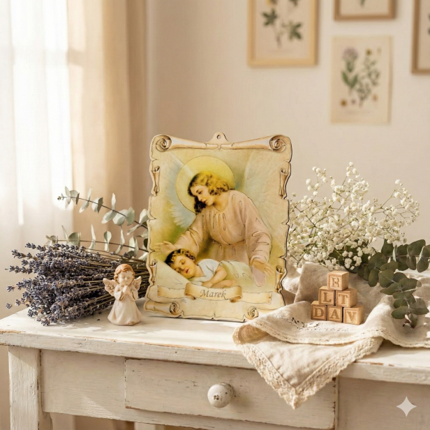 Obrazek pastelowy z imieniem dziecka – Anioł Stróż, drewniana pamiątka