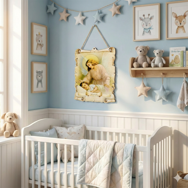 Obrazek pastelowy z imieniem dziecka – Anioł Stróż, drewniana pamiątka