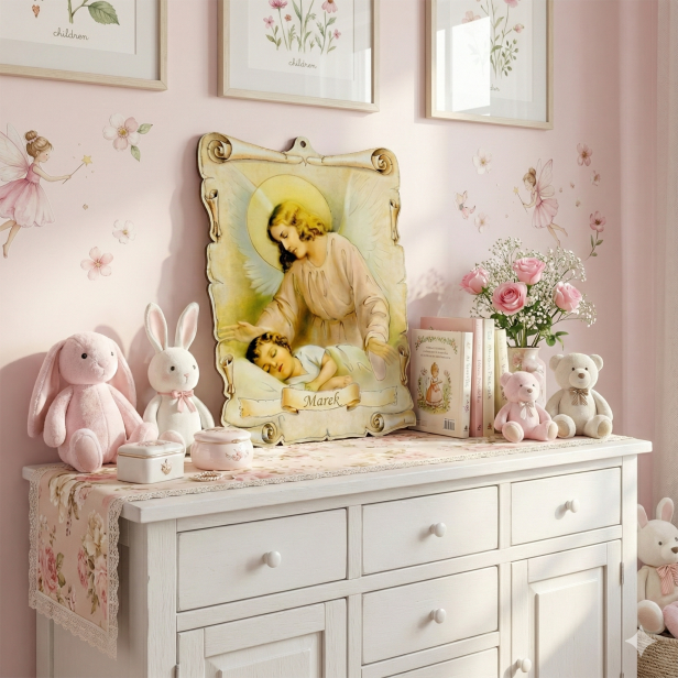 Obrazek pastelowy z imieniem dziecka – Anioł Stróż, drewniana pamiątka