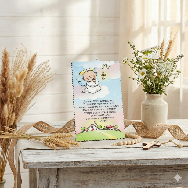 Obrazek pastelowy z wierszem „Aniele Boży” – Drewniana Pamiątka Chrztu