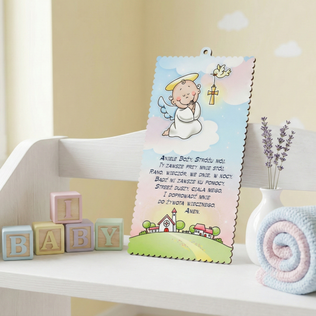 Obrazek pastelowy z wierszem „Aniele Boży” – Drewniana Pamiątka Chrztu