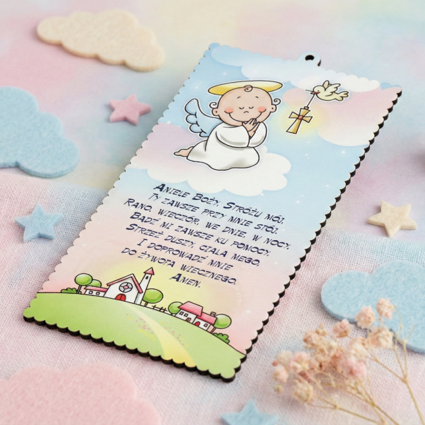 Obrazek pastelowy z wierszem „Aniele Boży” – Drewniana Pamiątka Chrztu
