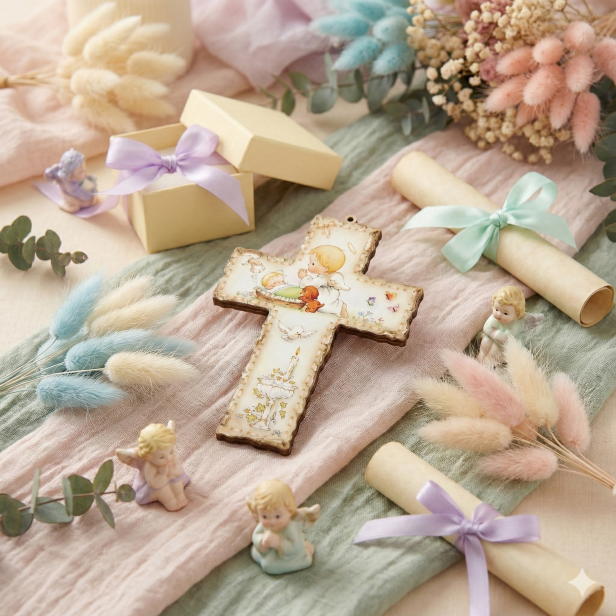 Krzyż pastelowy z Aniołkiem – Drewniana Pamiątka Chrztu Świętego