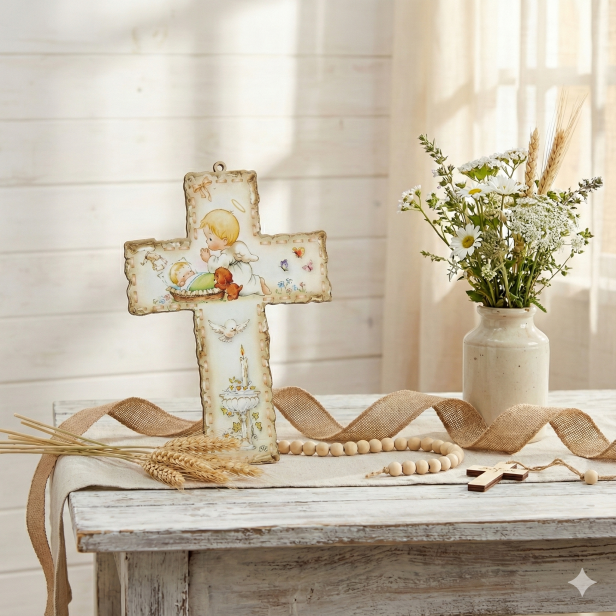 Krzyż pastelowy z Aniołkiem – Drewniana Pamiątka Chrztu Świętego