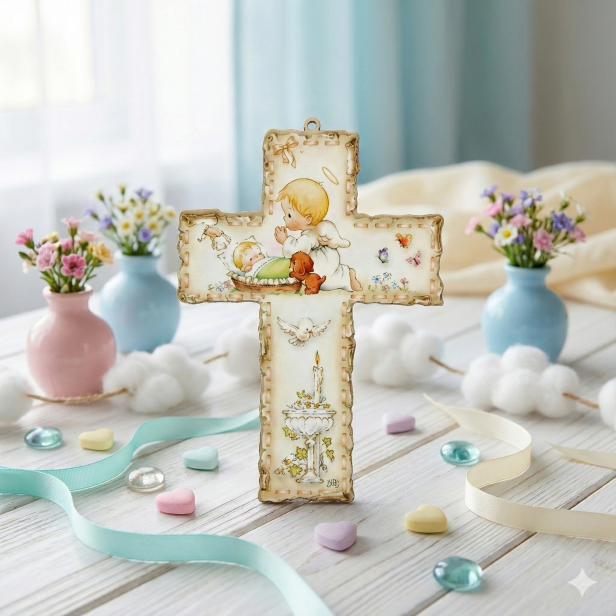 Krzyż pastelowy z Aniołkiem – Drewniana Pamiątka Chrztu Świętego