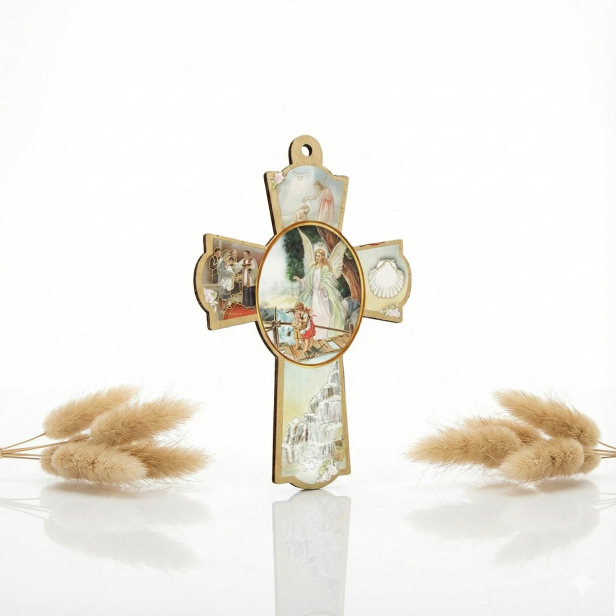 Krzyż pastelowy z Aniołem Stróżem– Drewniana Pamiątka Chrztu Świętego