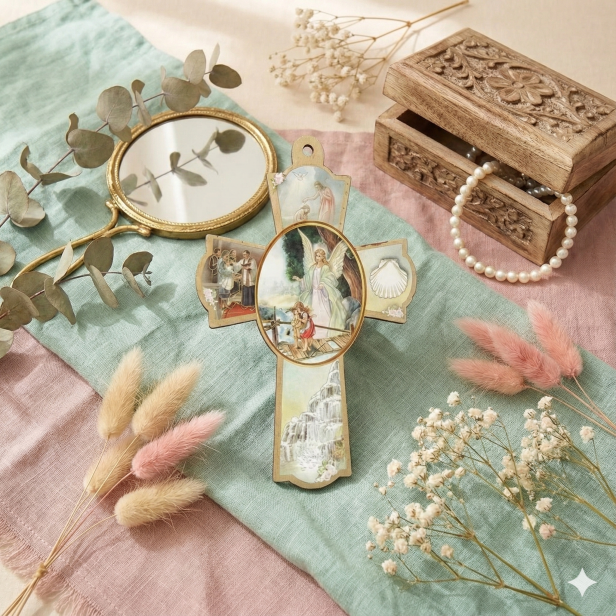 Krzyż pastelowy z Aniołem Stróżem– Drewniana Pamiątka Chrztu Świętego