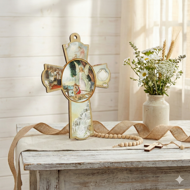 Krzyż pastelowy z Aniołem Stróżem– Drewniana Pamiątka Chrztu Świętego