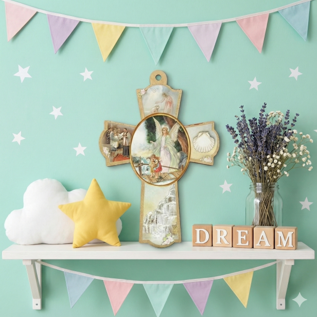 Krzyż pastelowy z Aniołem Stróżem– Drewniana Pamiątka Chrztu Świętego