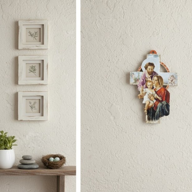 Krzyż drewniany „Święta Rodzina” – pastelowy, 15 cm | Pamiątka wiary