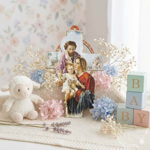 Krzyż drewniany „Święta Rodzina” – pastelowy, 15 cm | Pamiątka wiary