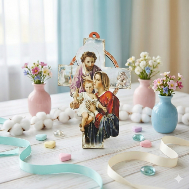 Krzyż drewniany „Święta Rodzina” – pastelowy, 15 cm | Pamiątka wiary