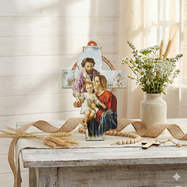 Krzyż drewniany „Święta Rodzina” – pastelowy, 15 cm | Pamiątka wiary