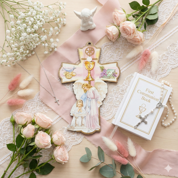 Stylowy krzyż komunijny – Drewniana pamiątka I Komunii Świętej dla dziewczynki