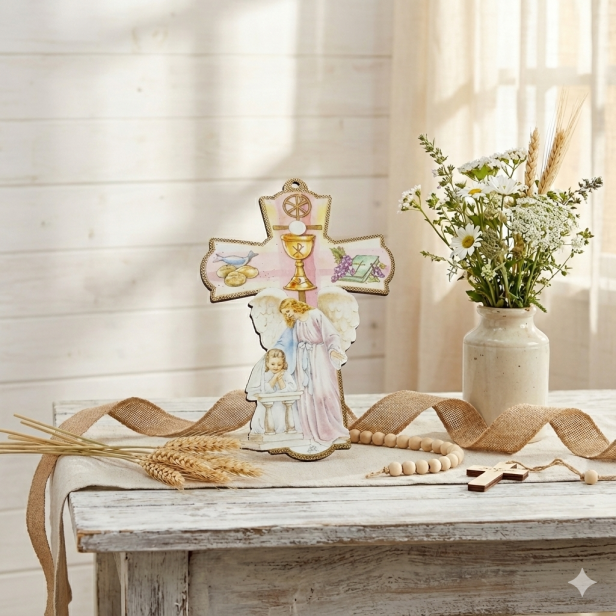 Stylowy krzyż komunijny – Drewniana pamiątka I Komunii Świętej dla dziewczynki