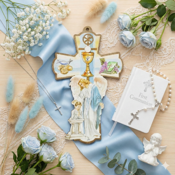 Stylowy krzyż komunijny – Drewniana pamiątka I Komunii Świętej dla chłopca