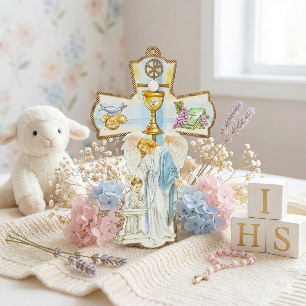 Stylowy krzyż komunijny – Drewniana pamiątka I Komunii Świętej dla chłopca