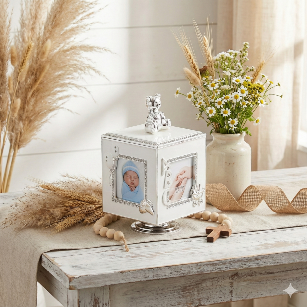 Szkatułka pozytywka obrotowa na zdjęcia | Linia BAMBINO® – Pamiątka Chrztu, Roczku i Urodzin