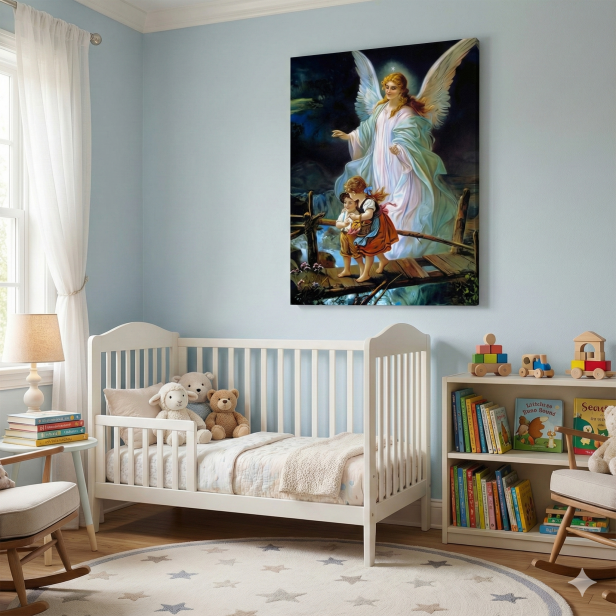 Obraz na płótnie Dzieci na kładce – symbol drogi i opieki | Linia SACRA CANVAS, 30×40 cm