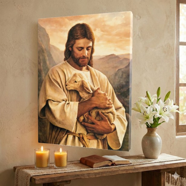 Obraz na płótnie Dobry Pasterz – Chrystus opiekujący się owcą | Linia SACRA CANVAS, 30×40 cm