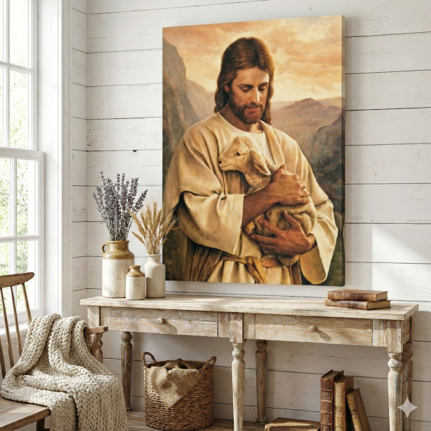 Obraz na płótnie Dobry Pasterz – Chrystus opiekujący się owcą | Linia SACRA CANVAS, 30×40 cm