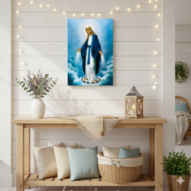 Obraz na desce lipowej 15×20 – Matka Boża Niepokalana „Czystość serca i opieka Matki”