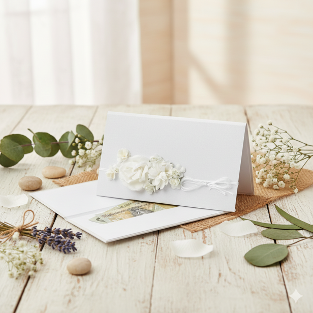 Ozdobne etui na pieniądze na uroczystość – perłowa biała koperta