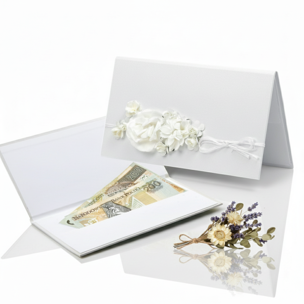 Ozdobne etui na pieniądze na uroczystość – perłowa biała koperta