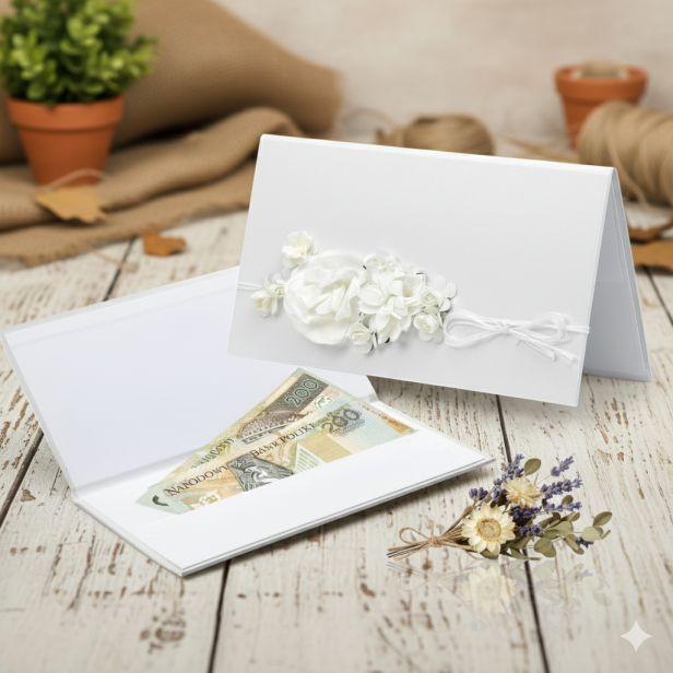 Ozdobne etui na pieniądze na uroczystość – perłowa biała koperta