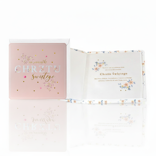 Karnet Primus na Chrzest Święty – elegancka kartka z życzeniami PINK