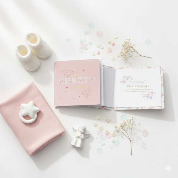 Karnet Primus na Chrzest Święty – elegancka kartka z życzeniami PINK