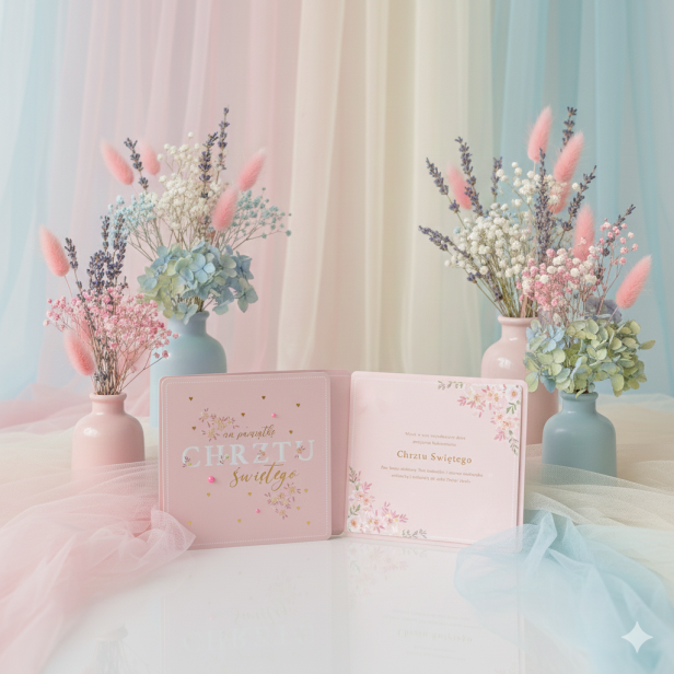 Karnet Primus na Chrzest Święty – elegancka kartka z życzeniami PINK