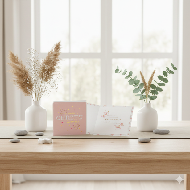 Karnet Primus na Chrzest Święty – elegancka kartka z życzeniami PINK