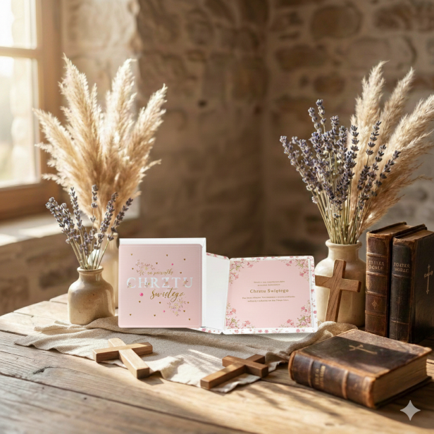 Karnet Primus na Chrzest Święty – elegancka kartka z życzeniami PINK