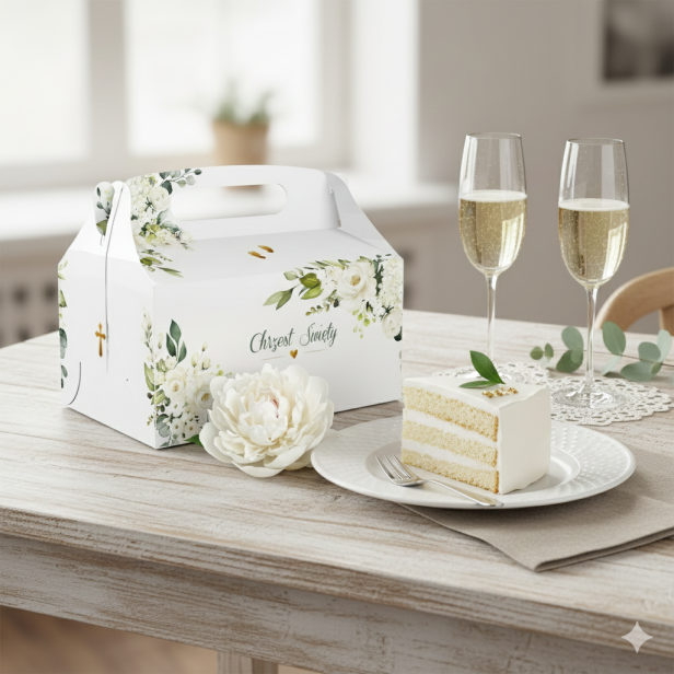 Eleganckie pudełko na ciasto z atestem do kontaktu z żywnością, przeznaczone na słodkie podziękowania dla gości Chrztu Świętego. Trwałe, wygodne i estetyczne..png