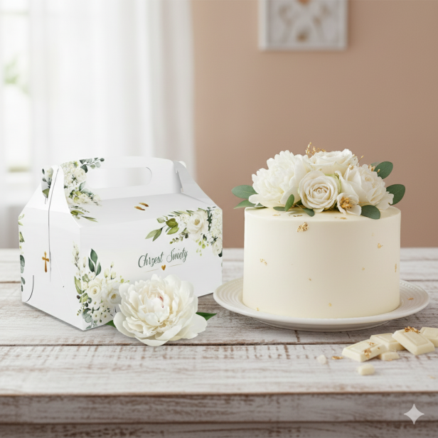 Eleganckie pudełko na ciasto z atestem do kontaktu z żywnością, przeznaczone na słodkie podziękowania dla gości Chrztu Świętego. Trwałe, wygodne i estetyczne.