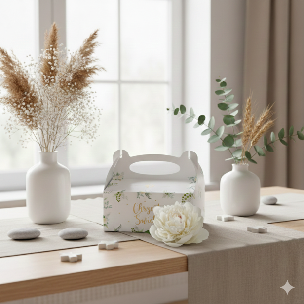 Eleganckie pudełko na ciasto z atestem do kontaktu z żywnością, przeznaczone na słodkie podziękowania dla gości Chrztu Świętego. Trwałe, wygodne i estetyczne.