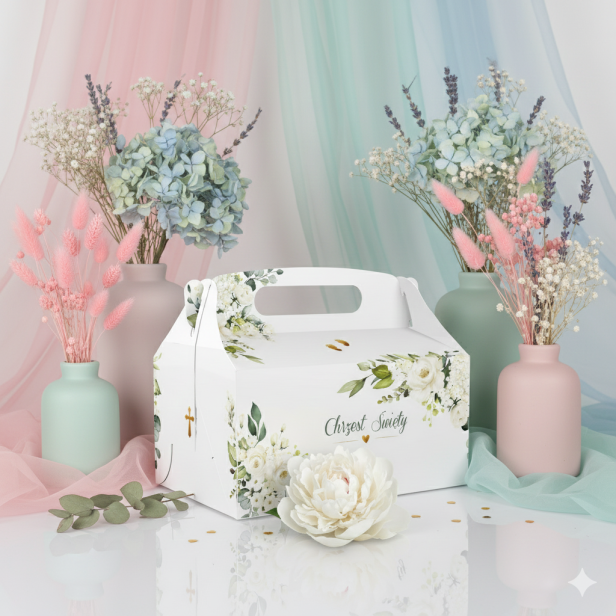 Eleganckie pudełko na ciasto z atestem do kontaktu z żywnością, przeznaczone na słodkie podziękowania dla gości Chrztu Świętego. Trwałe, wygodne i estetyczne.