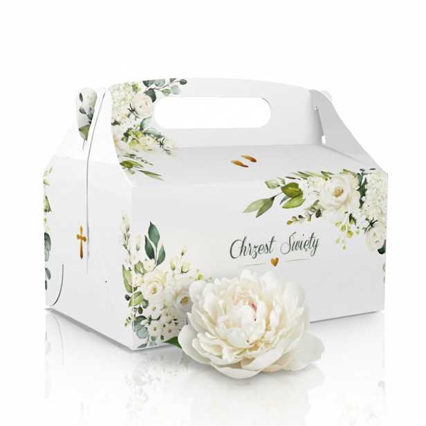 Eleganckie pudełko na ciasto z atestem do kontaktu z żywnością, przeznaczone na słodkie podziękowania dla gości Chrztu Świętego. Trwałe, wygodne i estetyczne.