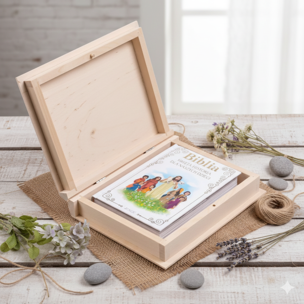 Biblia w drewnianym pudełku EKO ♻ z nadrukiem Ink-Jet – Pamiątka Chrztu Świętego